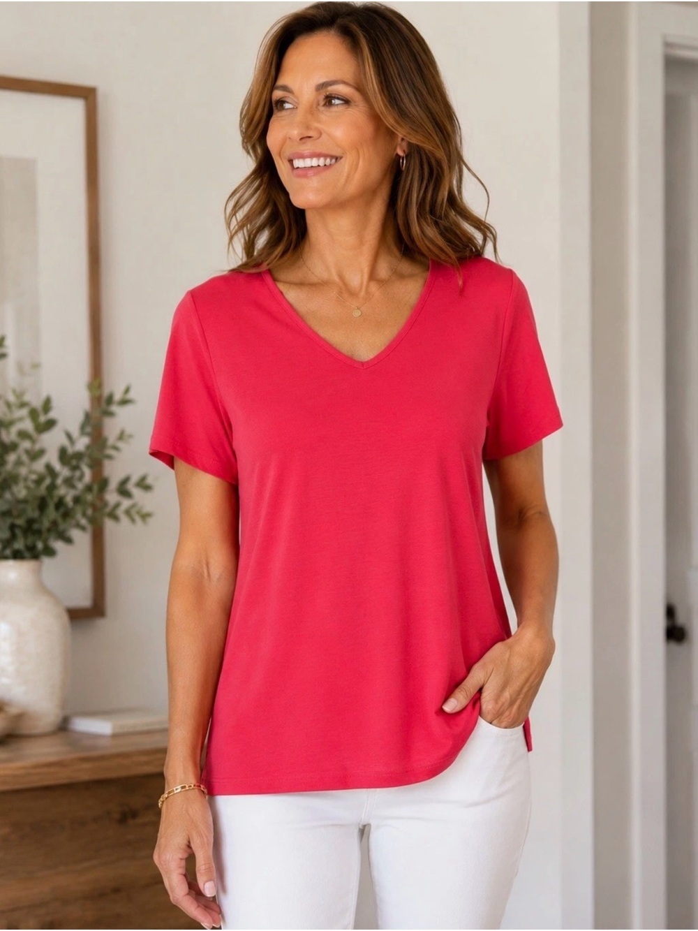 Everyday V-Neck Short Sleeve Tee in Hot Pink